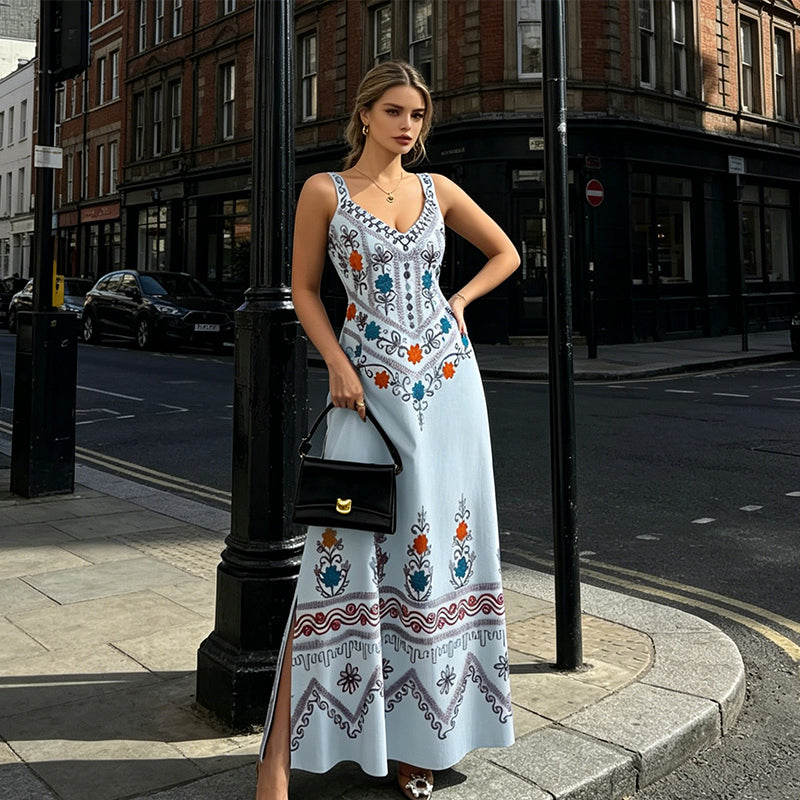 Sleeveless V-Neck Floral Print Slit Dress