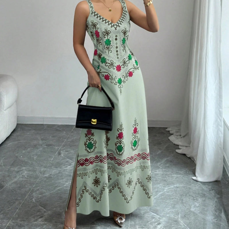 Sleeveless V-Neck Floral Print Slit Dress