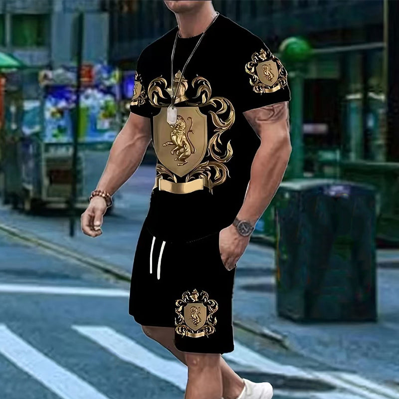 Men's Gold Crest Print T-Shirt & Shorts Set