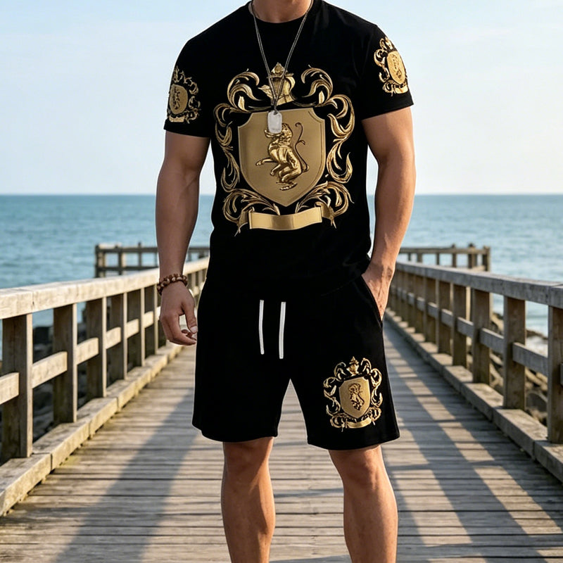 Men's Gold Crest Print T-Shirt & Shorts Set