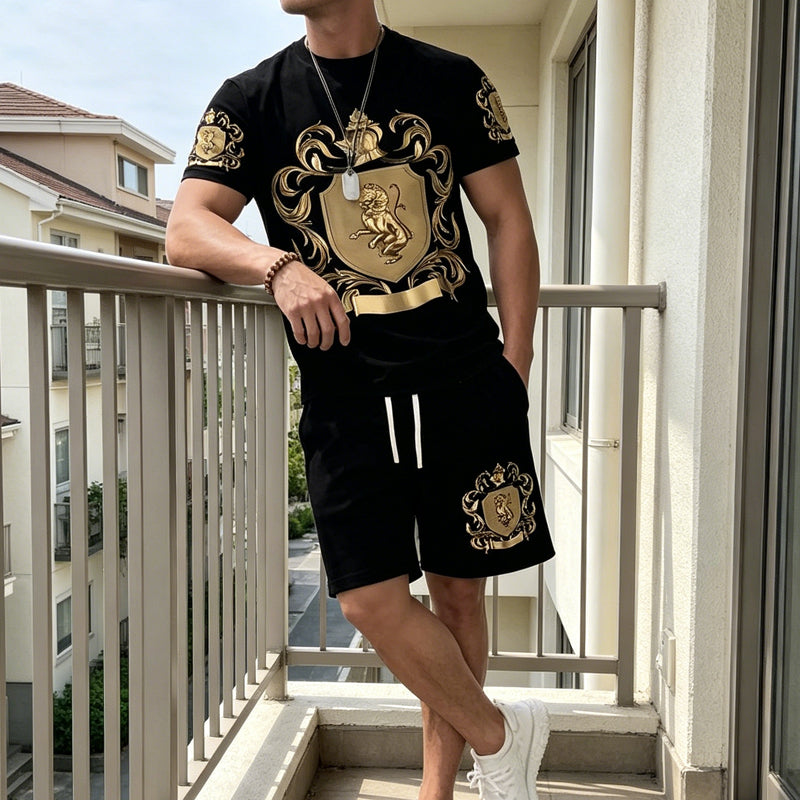 Men's Gold Crest Print T-Shirt & Shorts Set