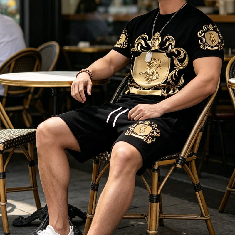 Men's Gold Crest Print T-Shirt & Shorts Set
