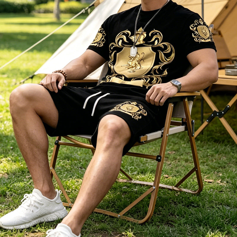 Men's Gold Crest Print T-Shirt & Shorts Set
