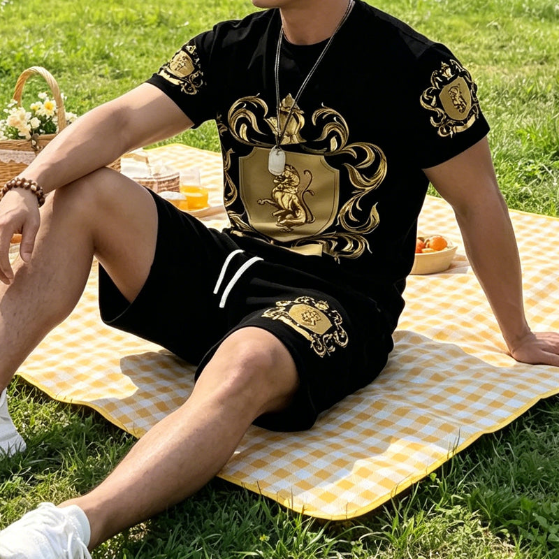 Men's Gold Crest Print T-Shirt & Shorts Set