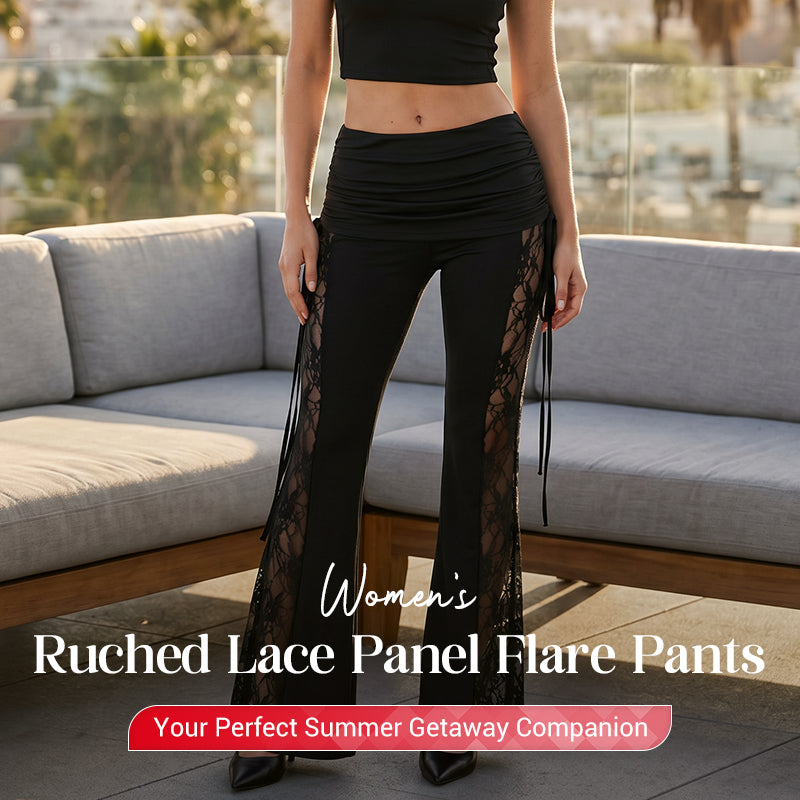 Women's Ruched Lace Panel Flare Pants