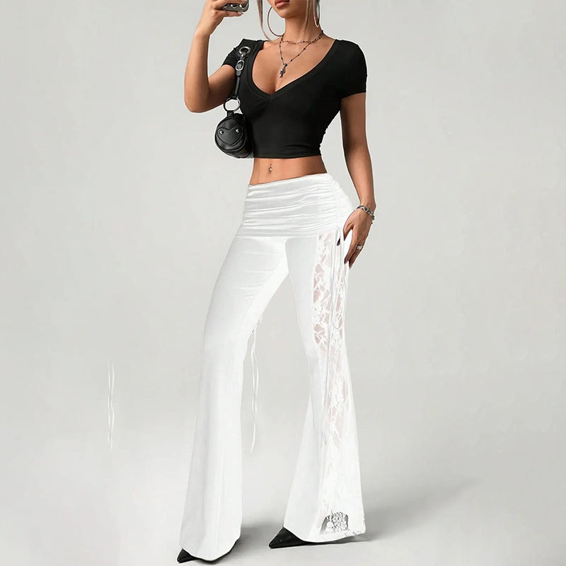 Women's Ruched Lace Panel Flare Pants