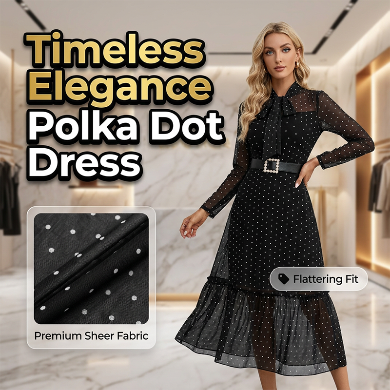 Elegant Polka Dot Tie-Neck Midi Dress 