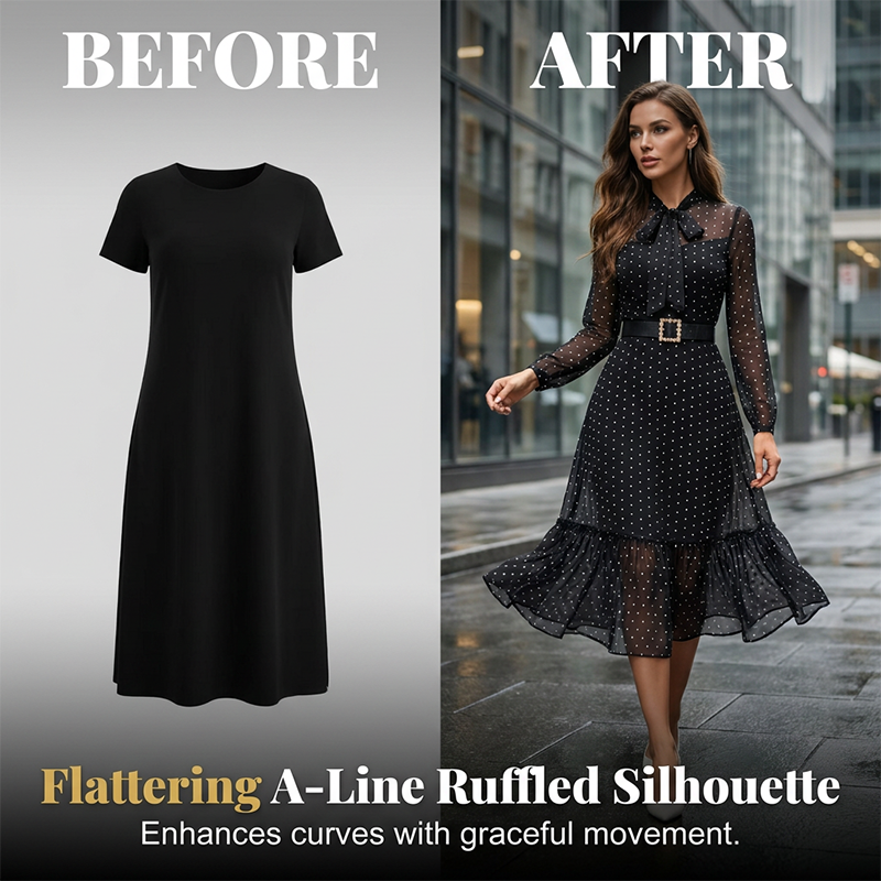 Elegant Polka Dot Tie-Neck Midi Dress 