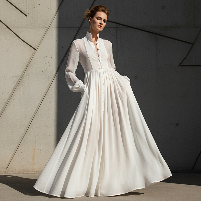 ✨ Elegant Pleated White High-Neck Maxi Dress