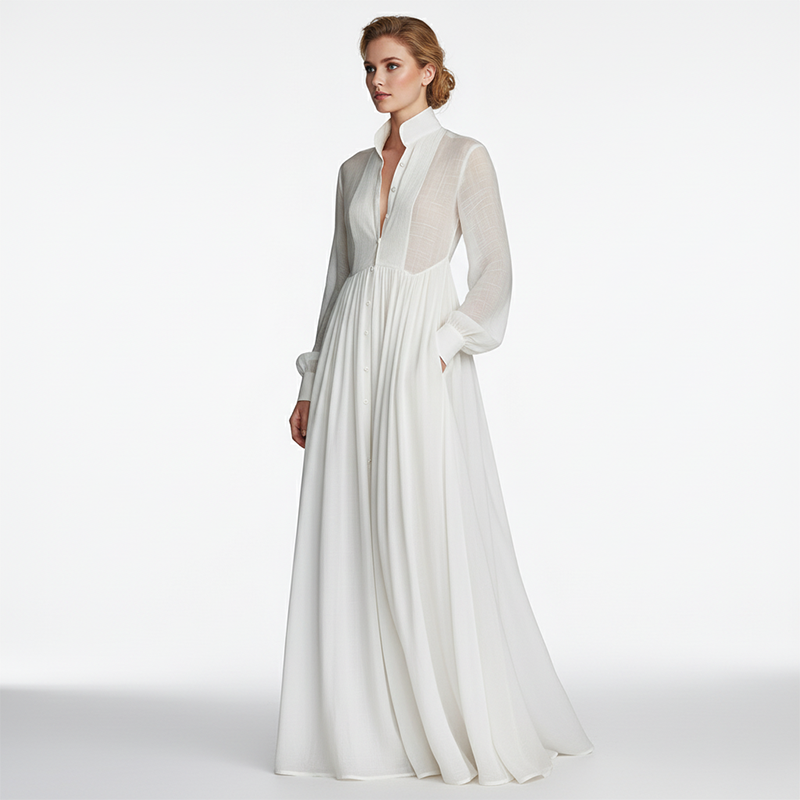 ✨ Elegant Pleated White High-Neck Maxi Dress