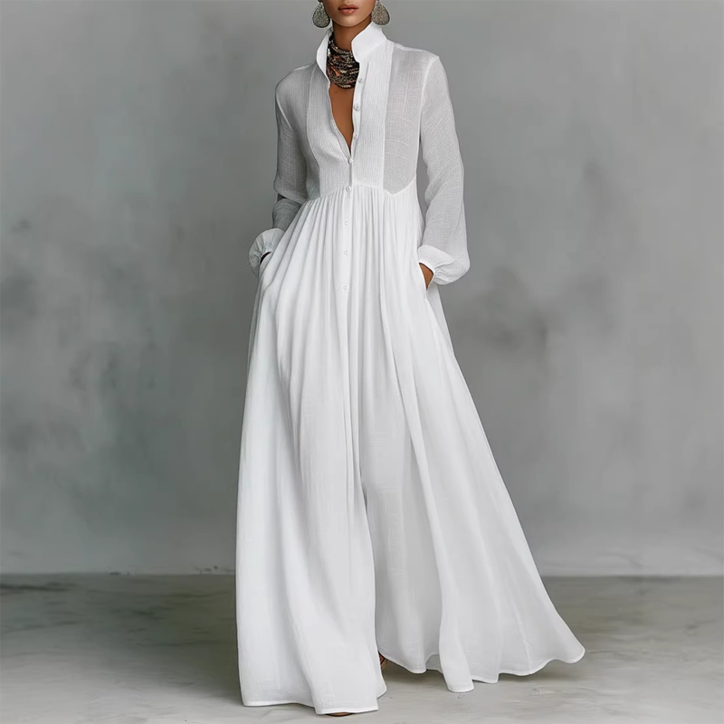 ✨ Elegant Pleated White High-Neck Maxi Dress