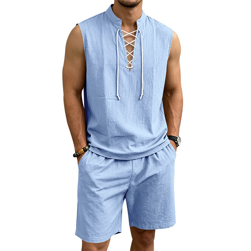 🧵 LIMITED-TIME 50% OFF! ✨ Men's Linen Sleeveless Set – Top & Shorts, Lace-Up, 7 Colors ☀️