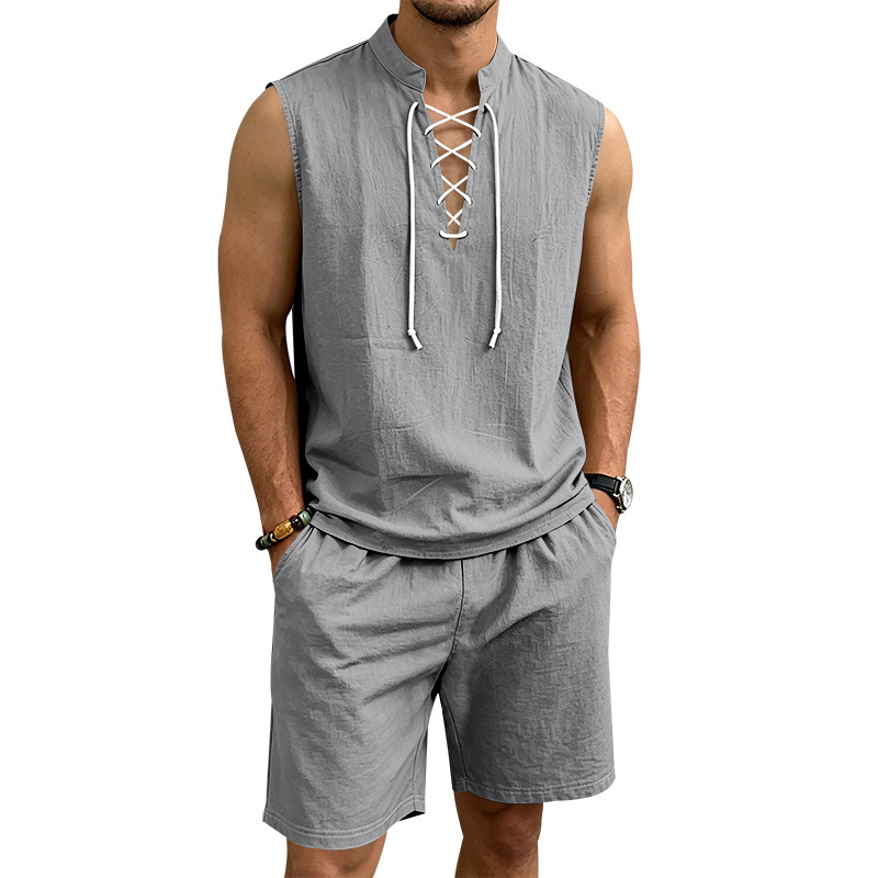 🧵 LIMITED-TIME 50% OFF! ✨ Men's Linen Sleeveless Set – Top & Shorts, Lace-Up, 7 Colors ☀️