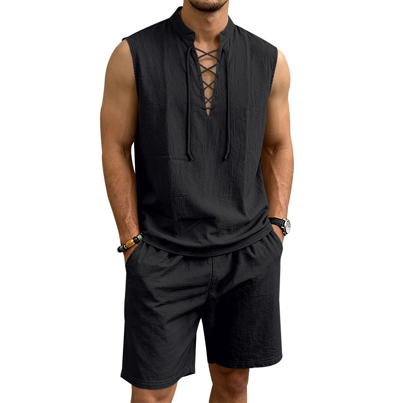 🧵 LIMITED-TIME 50% OFF! ✨ Men's Linen Sleeveless Set – Top & Shorts, Lace-Up, 7 Colors ☀️
