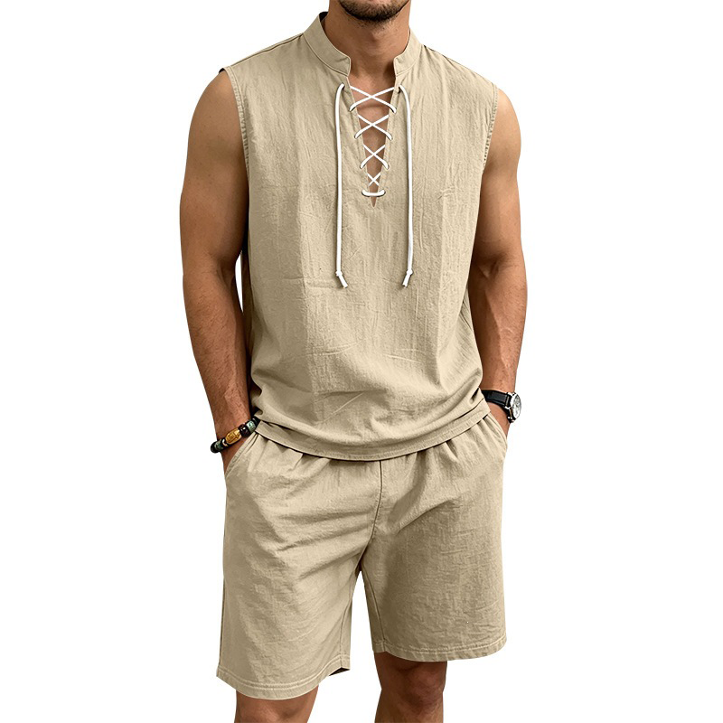 🧵 LIMITED-TIME 50% OFF! ✨ Men's Linen Sleeveless Set – Top & Shorts, Lace-Up, 7 Colors ☀️