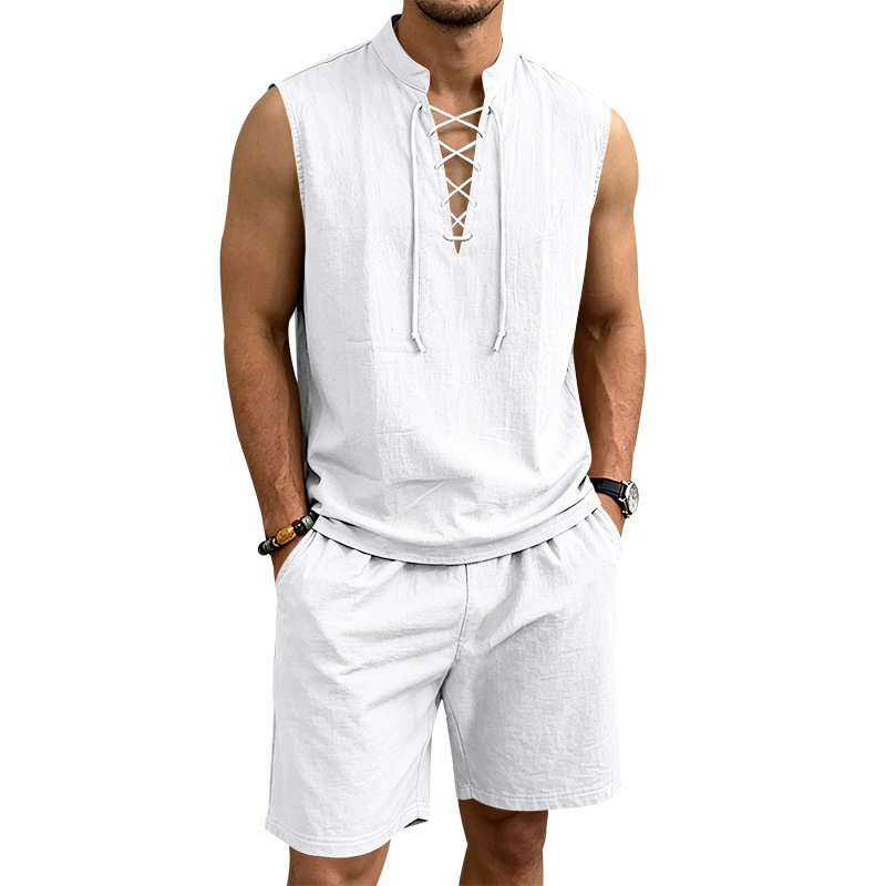 🧵 LIMITED-TIME 50% OFF! ✨ Men's Linen Sleeveless Set – Top & Shorts, Lace-Up, 7 Colors ☀️