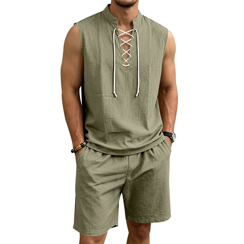 🧵 LIMITED-TIME 50% OFF! ✨ Men's Linen Sleeveless Set – Top & Shorts, Lace-Up, 7 Colors ☀️