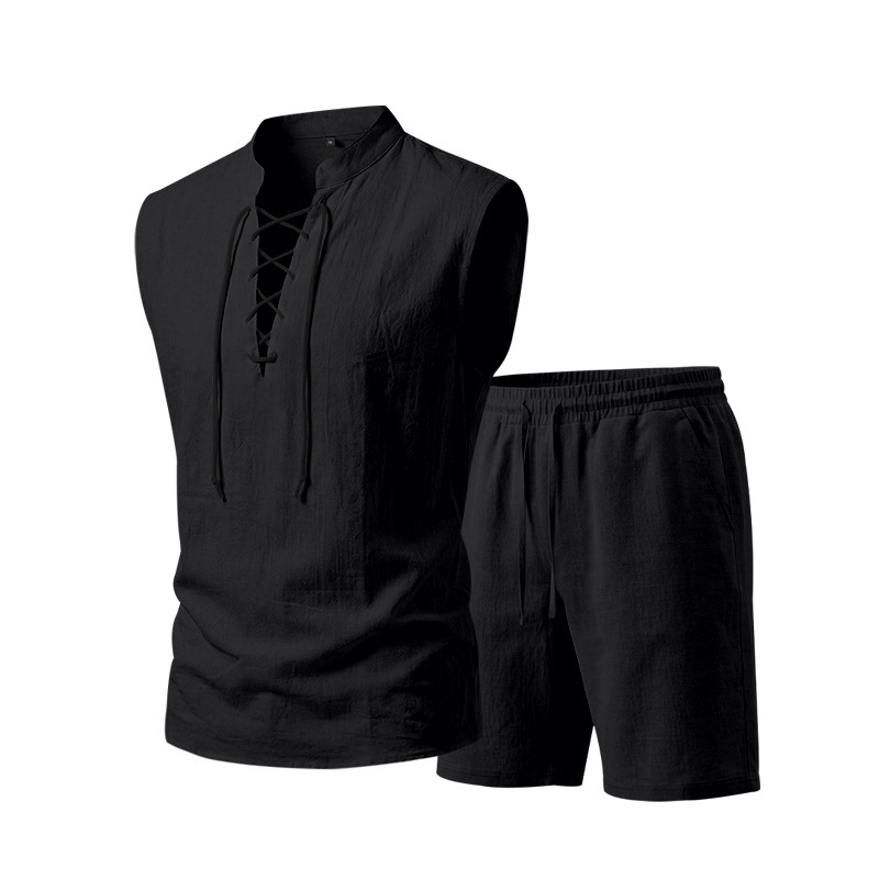 🧵 LIMITED-TIME 50% OFF! ✨ Men's Linen Sleeveless Set – Top & Shorts, Lace-Up, 7 Colors ☀️