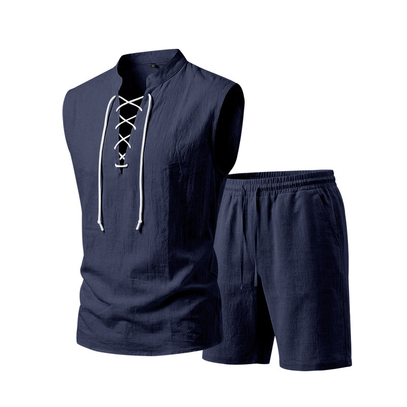 🧵 LIMITED-TIME 50% OFF! ✨ Men's Linen Sleeveless Set – Top & Shorts, Lace-Up, 7 Colors ☀️