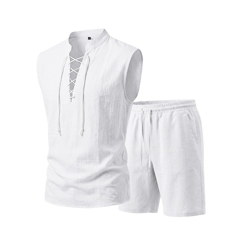 🧵 LIMITED-TIME 50% OFF! ✨ Men's Linen Sleeveless Set – Top & Shorts, Lace-Up, 7 Colors ☀️