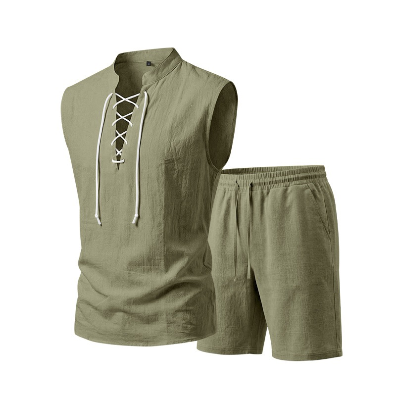 🧵 LIMITED-TIME 50% OFF! ✨ Men's Linen Sleeveless Set – Top & Shorts, Lace-Up, 7 Colors ☀️