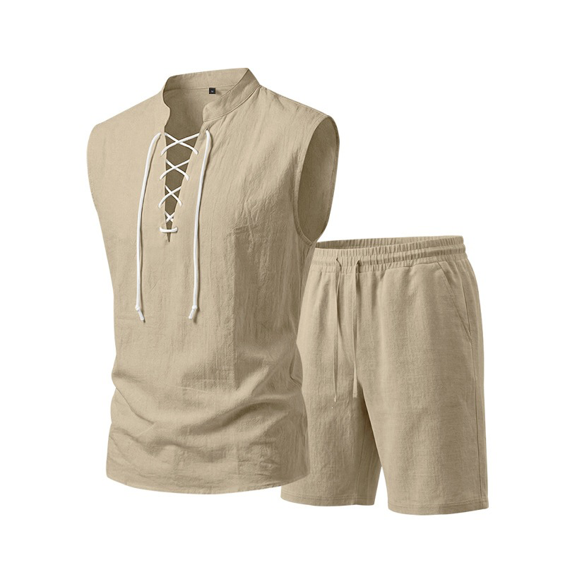 🧵 LIMITED-TIME 50% OFF! ✨ Men's Linen Sleeveless Set – Top & Shorts, Lace-Up, 7 Colors ☀️
