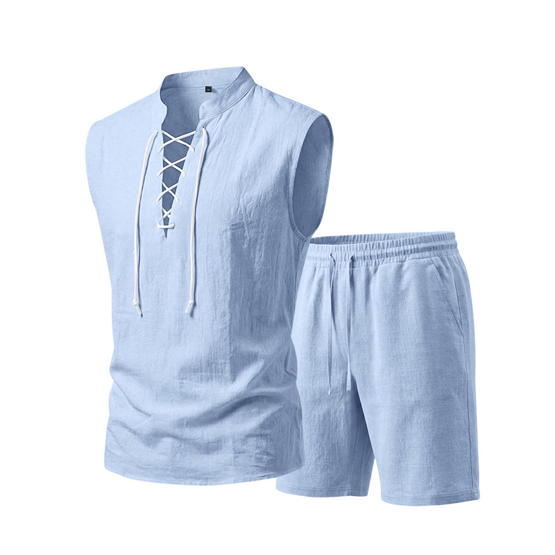 🧵 LIMITED-TIME 50% OFF! ✨ Men's Linen Sleeveless Set – Top & Shorts, Lace-Up, 7 Colors ☀️