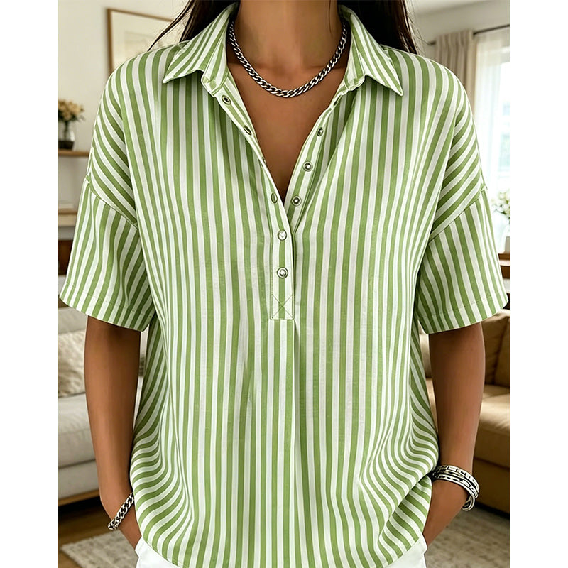 👕 LIMITED-TIME 50% OFF! ✨ Women's Striped Short-Sleeve Shirt – Relaxed Fit, V Neck, 9 Colors 🍂