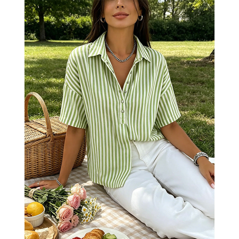 👕 LIMITED-TIME 50% OFF! ✨ Women's Striped Short-Sleeve Shirt – Relaxed Fit, V Neck, 9 Colors 🍂
