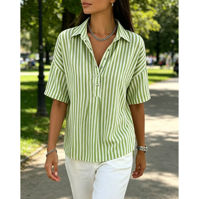 👕 LIMITED-TIME 50% OFF! ✨ Women's Striped Short-Sleeve Shirt – Relaxed Fit, V Neck, 9 Colors 🍂