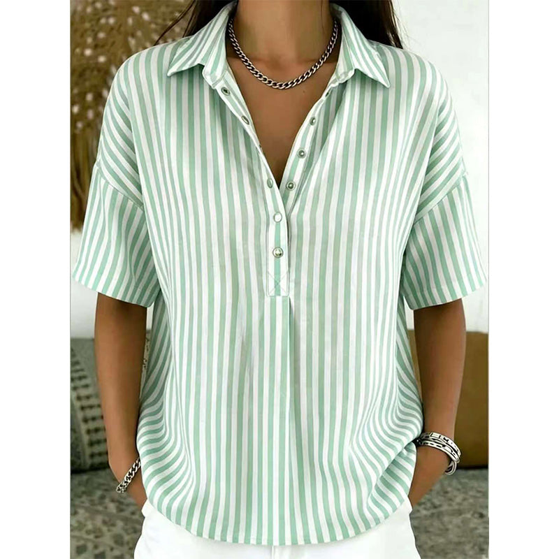 👕 LIMITED-TIME 50% OFF! ✨ Women's Striped Short-Sleeve Shirt – Relaxed Fit, V Neck, 9 Colors 🍂