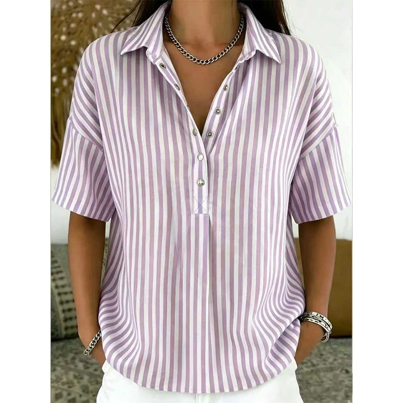 👕 LIMITED-TIME 50% OFF! ✨ Women's Striped Short-Sleeve Shirt – Relaxed Fit, V Neck, 9 Colors 🍂