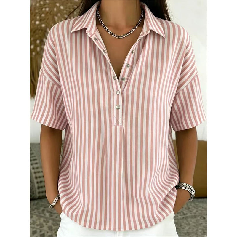 👕 LIMITED-TIME 50% OFF! ✨ Women's Striped Short-Sleeve Shirt – Relaxed Fit, V Neck, 9 Colors 🍂