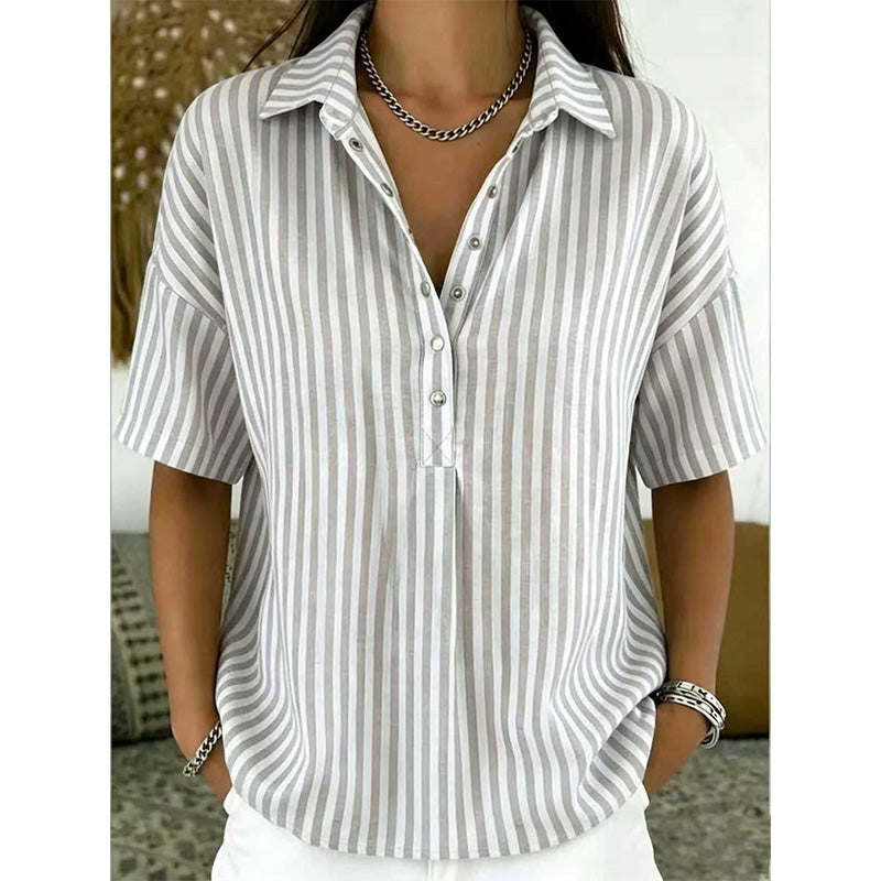 👕 LIMITED-TIME 50% OFF! ✨ Women's Striped Short-Sleeve Shirt – Relaxed Fit, V Neck, 9 Colors 🍂