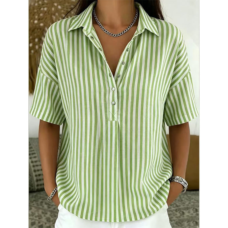👕 LIMITED-TIME 50% OFF! ✨ Women's Striped Short-Sleeve Shirt – Relaxed Fit, V Neck, 9 Colors 🍂