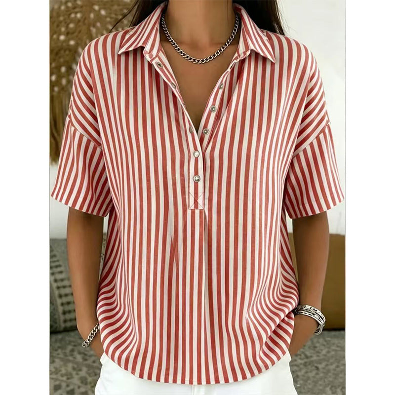 👕 LIMITED-TIME 50% OFF! ✨ Women's Striped Short-Sleeve Shirt – Relaxed Fit, V Neck, 9 Colors 🍂
