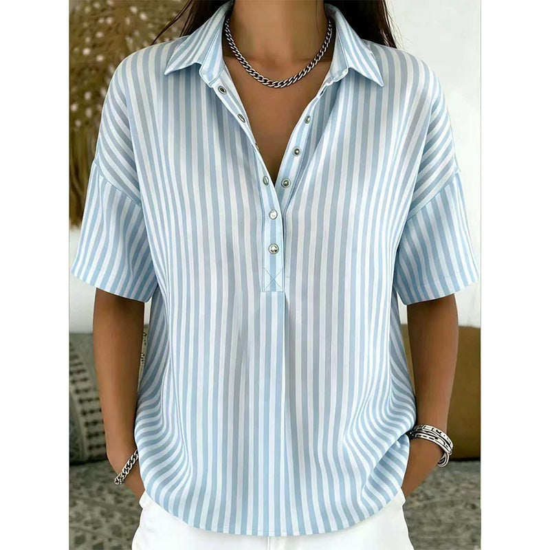 👕 LIMITED-TIME 50% OFF! ✨ Women's Striped Short-Sleeve Shirt – Relaxed Fit, V Neck, 9 Colors 🍂