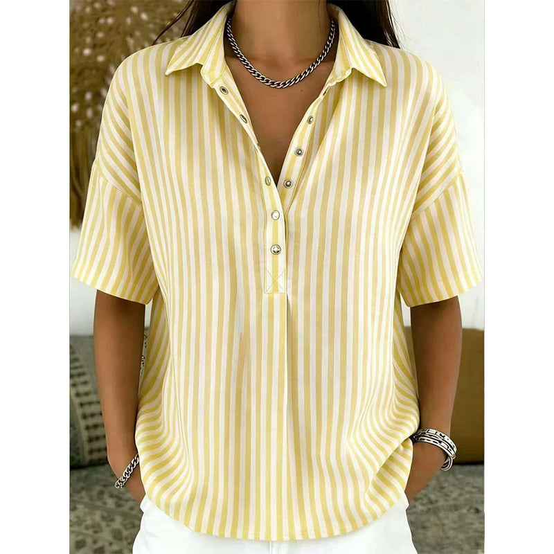 👕 LIMITED-TIME 50% OFF! ✨ Women's Striped Short-Sleeve Shirt – Relaxed Fit, V Neck, 9 Colors 🍂