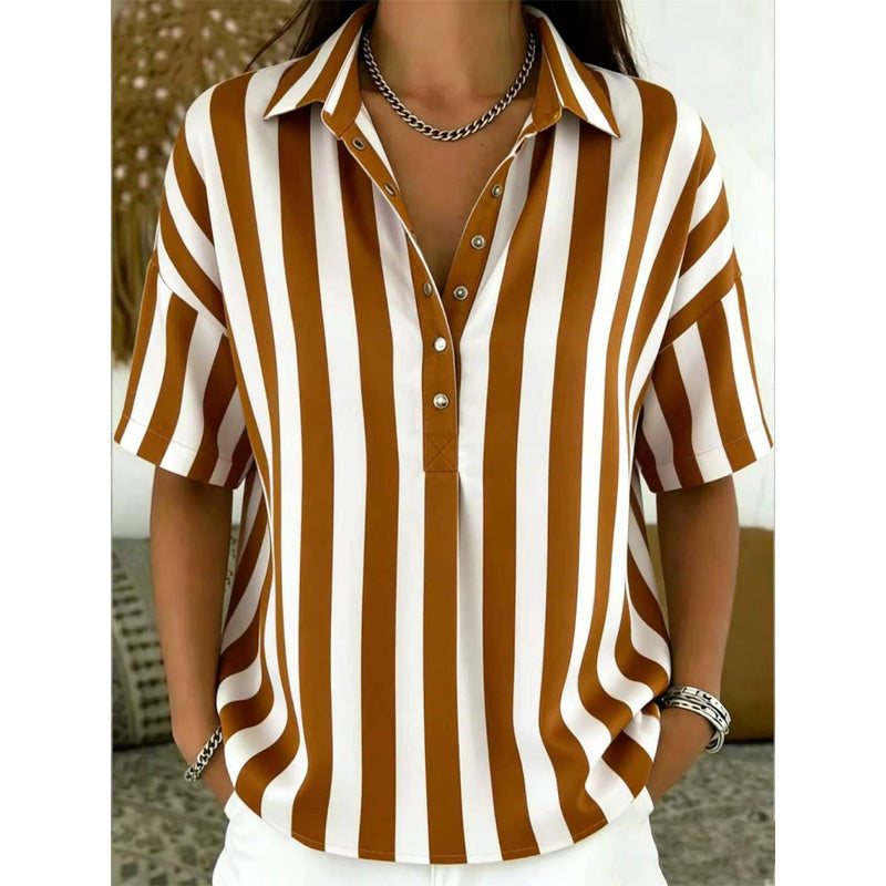 👕 LIMITED-TIME 50% OFF! ✨ Women's Striped Short-Sleeve Shirt – Relaxed Fit, V Neck, 9 Colors 🍂