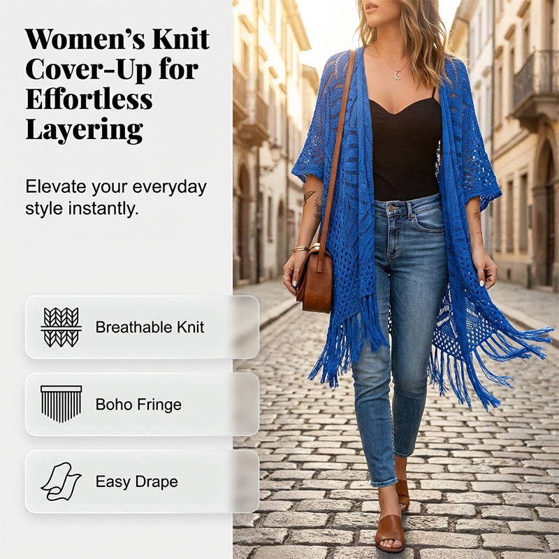 ⏳Time-Limited Special⏰Women's Open-Front Knit Cover-Up with Tassel Fringe – Bohemian & Lightweight – Beach Essential 🌴
