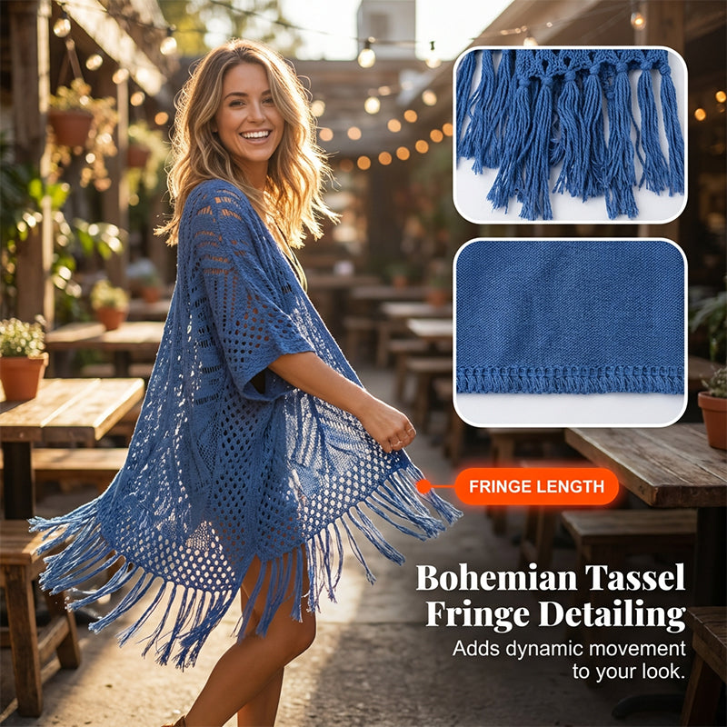 ⏳Time-Limited Special⏰Women's Open-Front Knit Cover-Up with Tassel Fringe – Bohemian & Lightweight – Beach Essential 🌴