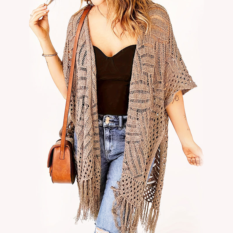⏳Time-Limited Special⏰Women's Open-Front Knit Cover-Up with Tassel Fringe – Bohemian & Lightweight – Beach Essential 🌴