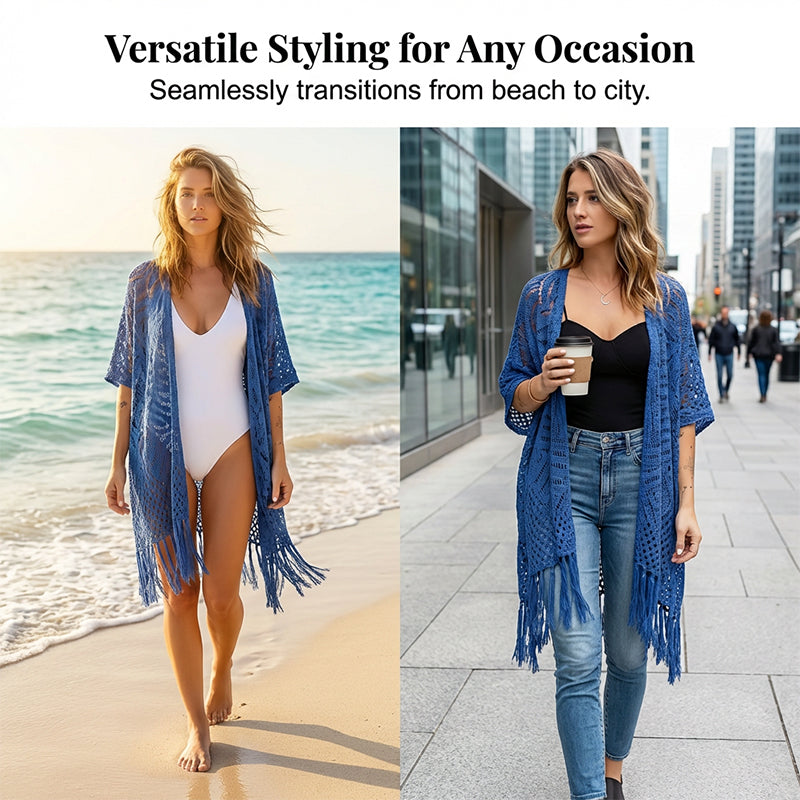 ⏳Time-Limited Special⏰Women's Open-Front Knit Cover-Up with Tassel Fringe – Bohemian & Lightweight – Beach Essential 🌴