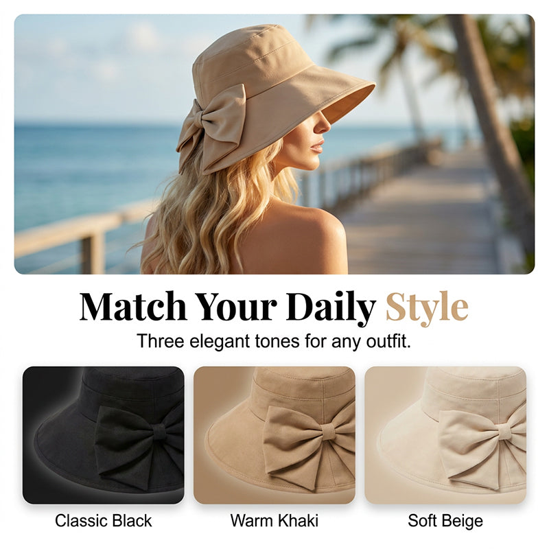 👒 💐 Women's Bowknot Wide Brim Sun Protective Hat – Oversized wide brim blocks UV rays, delicate bow decor, lightweight breathable fabric, ideal for beach, travel & outdoor walking✨