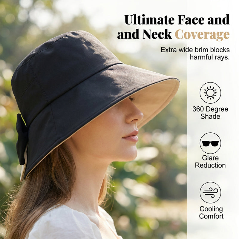👒 💐 Women's Bowknot Wide Brim Sun Protective Hat – Oversized wide brim blocks UV rays, delicate bow decor, lightweight breathable fabric, ideal for beach, travel & outdoor walking✨