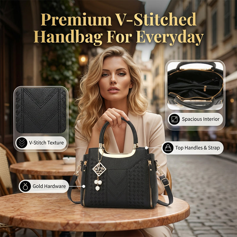 👜 LIMITED-TIME 50% OFF! ✨ Women's V-Stitched Satchel – Gold Hardware, Multi-Compartment, Top-Handle 🌸