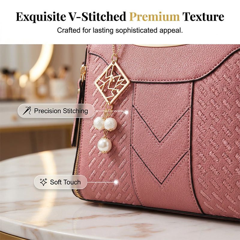 👜 LIMITED-TIME 50% OFF! ✨ Women's V-Stitched Satchel – Gold Hardware, Multi-Compartment, Top-Handle 🌸