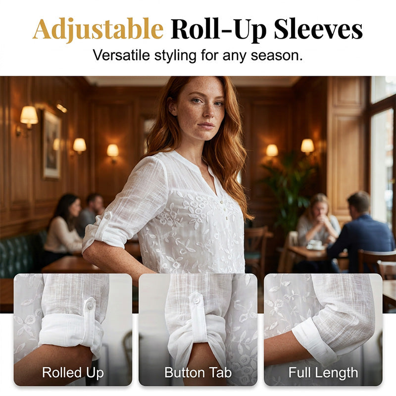 ✨ Lace Panel V-Neck Blouse – Embroidered, Roll-Up Sleeves, Effortless Chic 🌸