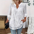 ✨ Lace Panel V-Neck Blouse – Embroidered, Roll-Up Sleeves, Effortless Chic 🌸