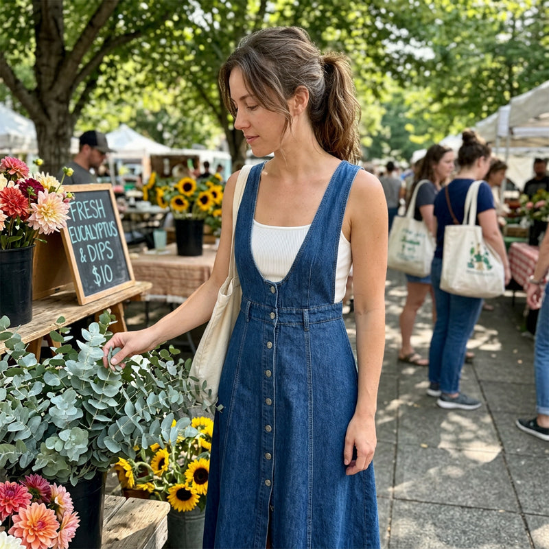 Women's Button-Front Denim Overall Midi Dress